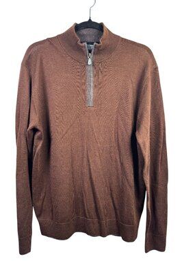 Raffi Mens Chocolate Brown Quarter 1/4 Zip 100% Merino Wool Knit Sweater Medium